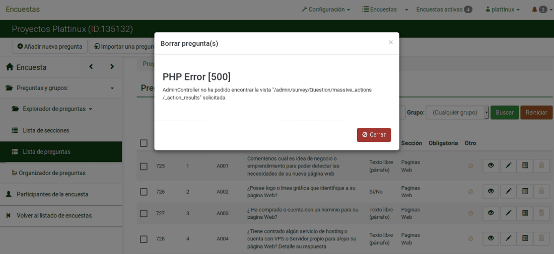 limesurvey error delete question